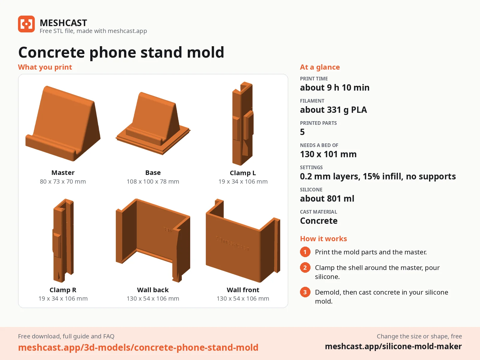 Concrete phone stand mold at a glance: every printed part with its size, print time, filament, print settings and the three steps to use it