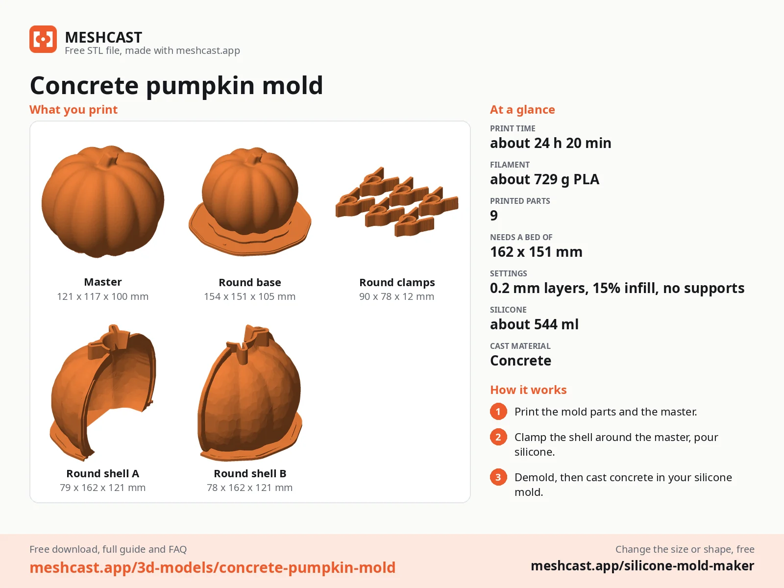 Concrete pumpkin mold at a glance: every printed part with its size, print time, filament, print settings and the three steps to use it