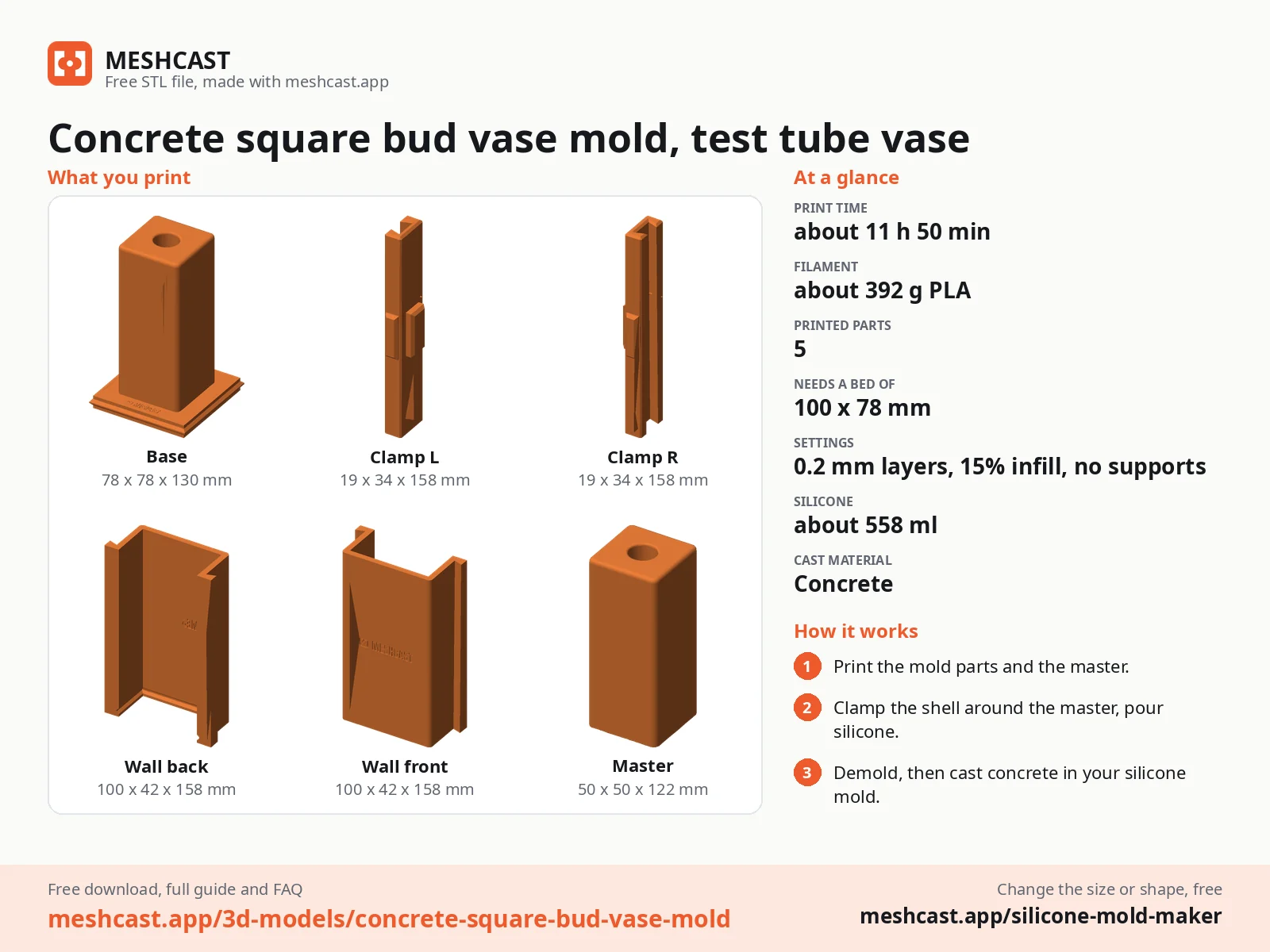 Concrete square bud vase mold, test tube vase at a glance: every printed part with its size, print time, filament, print settings and the three steps to use it