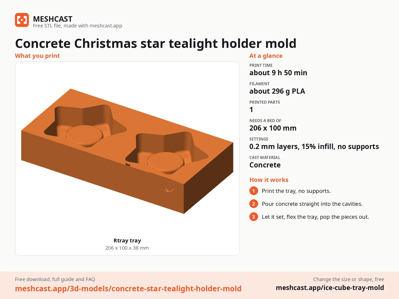 Concrete Christmas star tealight holder mold at a glance: every printed part with its size, print time, filament, print settings and the three steps to use it