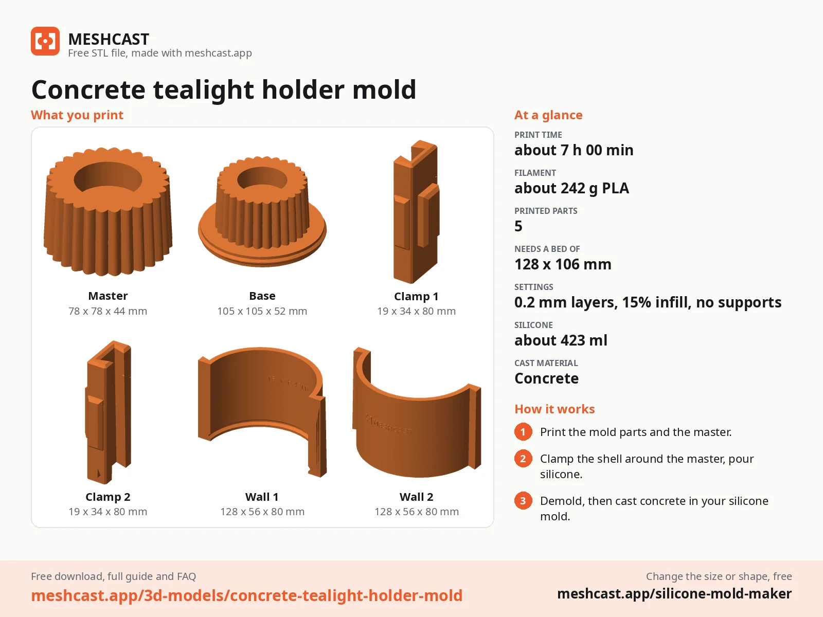 Concrete tealight holder mold at a glance: every printed part with its size, print time, filament, print settings and the three steps to use it