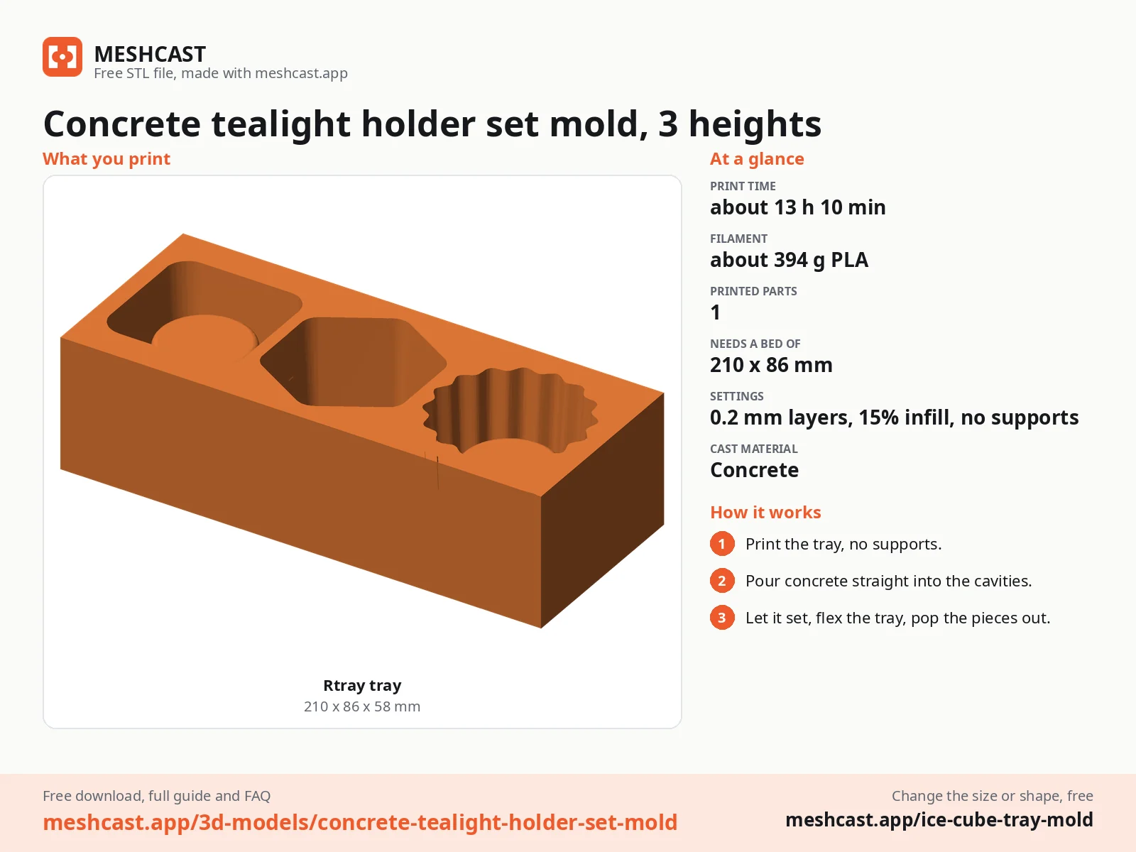 Concrete tealight holder set mold, 3 heights at a glance: every printed part with its size, print time, filament, print settings and the three steps to use it