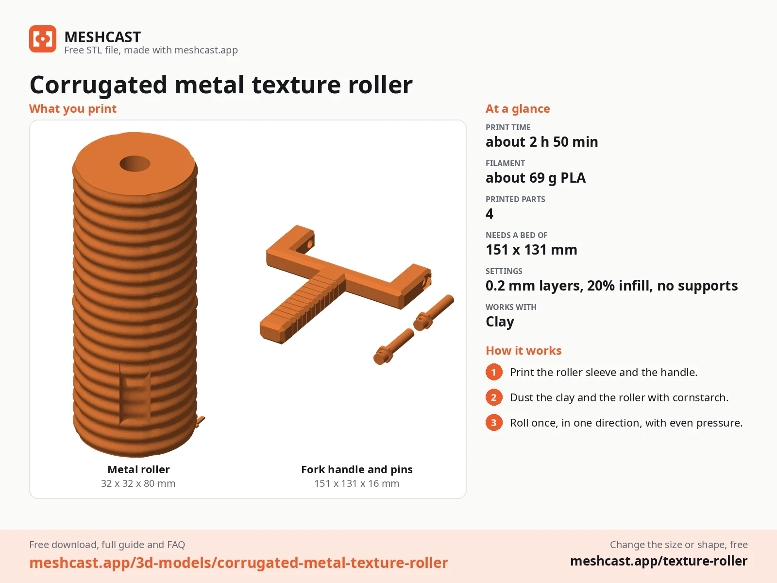 Corrugated metal texture roller at a glance: every printed part with its size, print time, filament, print settings and the three steps to use it