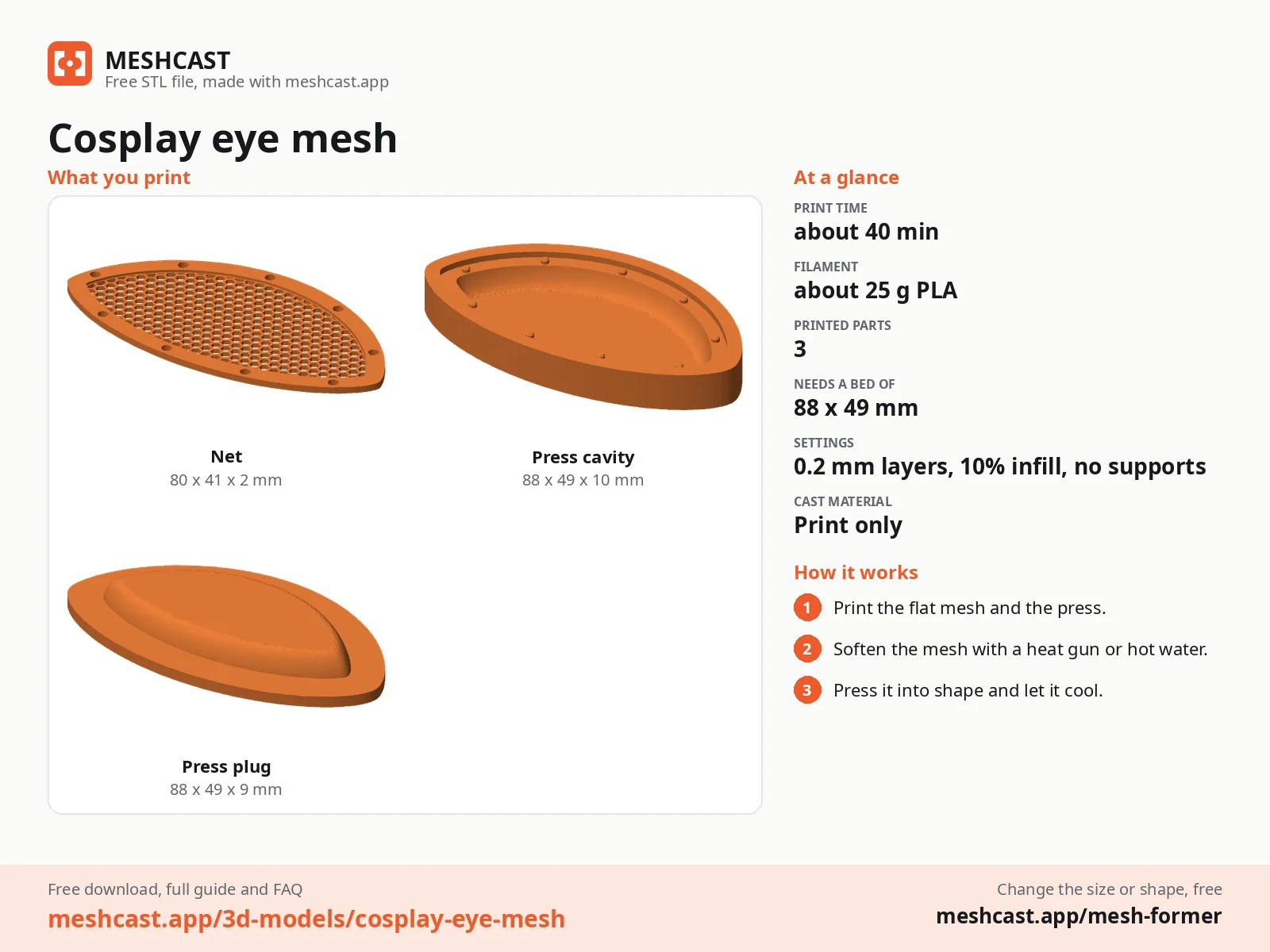 Cosplay eye mesh at a glance: every printed part with its size, print time, filament, print settings and the three steps to use it