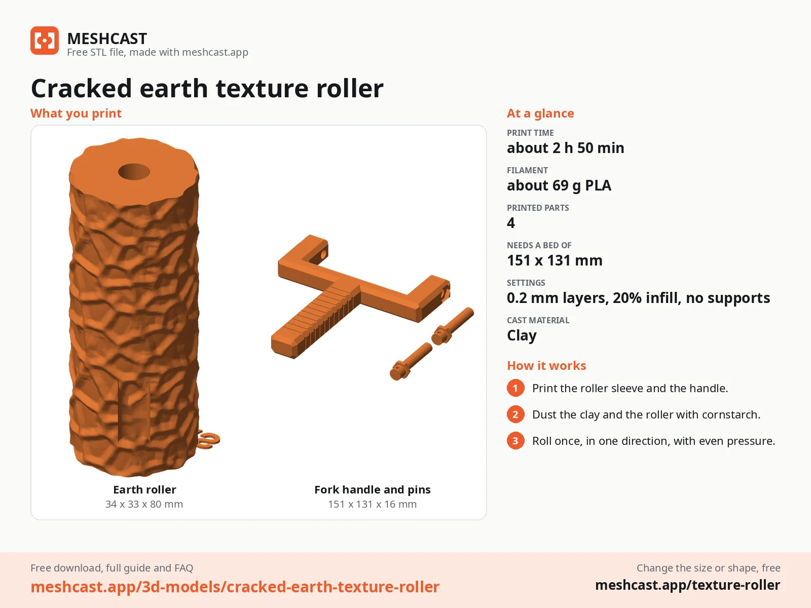 Cracked earth texture roller at a glance: every printed part with its size, print time, filament, print settings and the three steps to use it