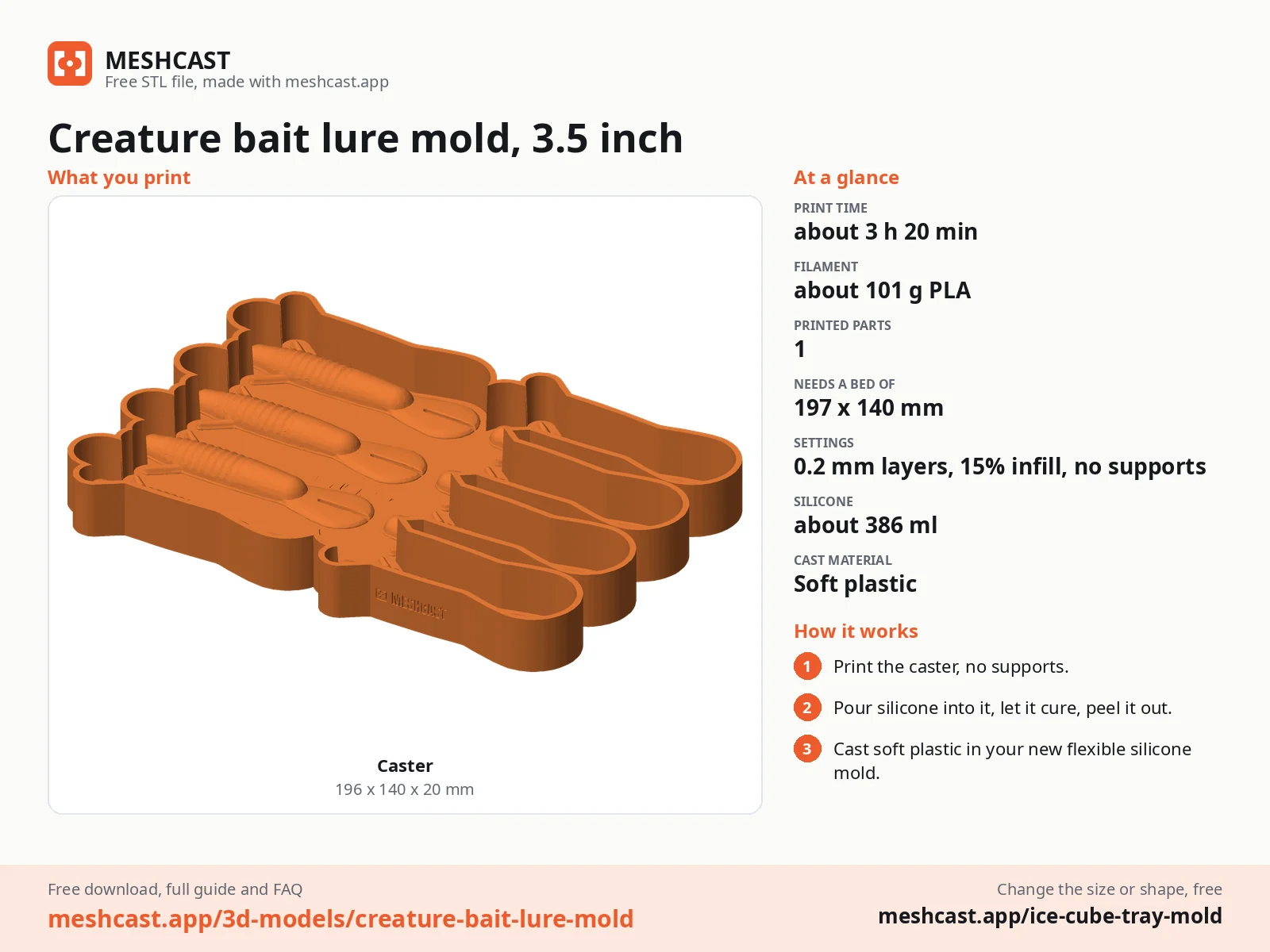Creature bait lure mold, 3.5 inch at a glance: every printed part with its size, print time, filament, print settings and the three steps to use it