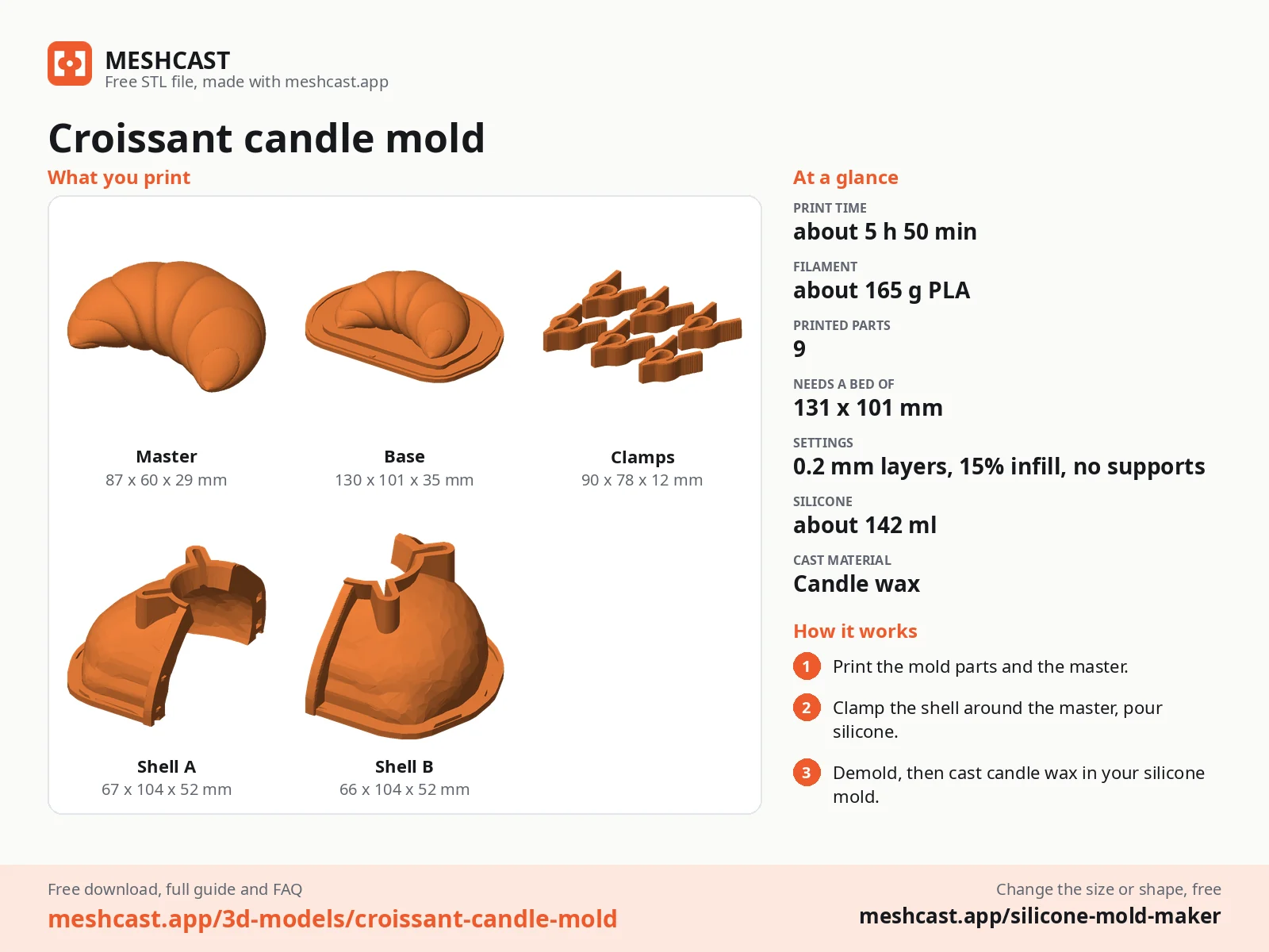 Croissant candle mold at a glance: every printed part with its size, print time, filament, print settings and the three steps to use it