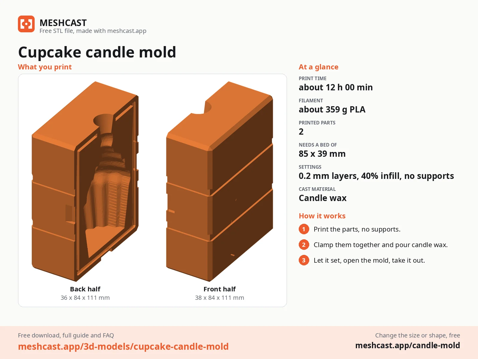 Cupcake candle mold at a glance: every printed part with its size, print time, filament, print settings and the three steps to use it