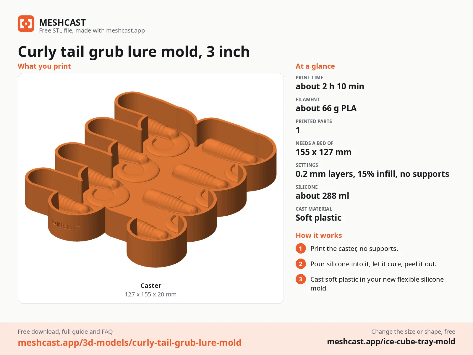 Curly tail grub lure mold, 3 inch at a glance: every printed part with its size, print time, filament, print settings and the three steps to use it