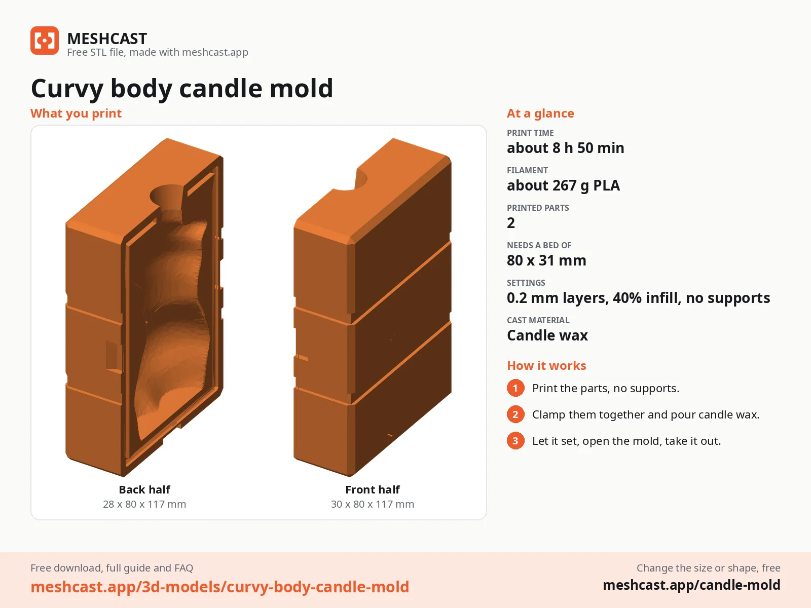 At a glance sheet for Curvy body candle mold: every printed part, print time, filament and the three steps