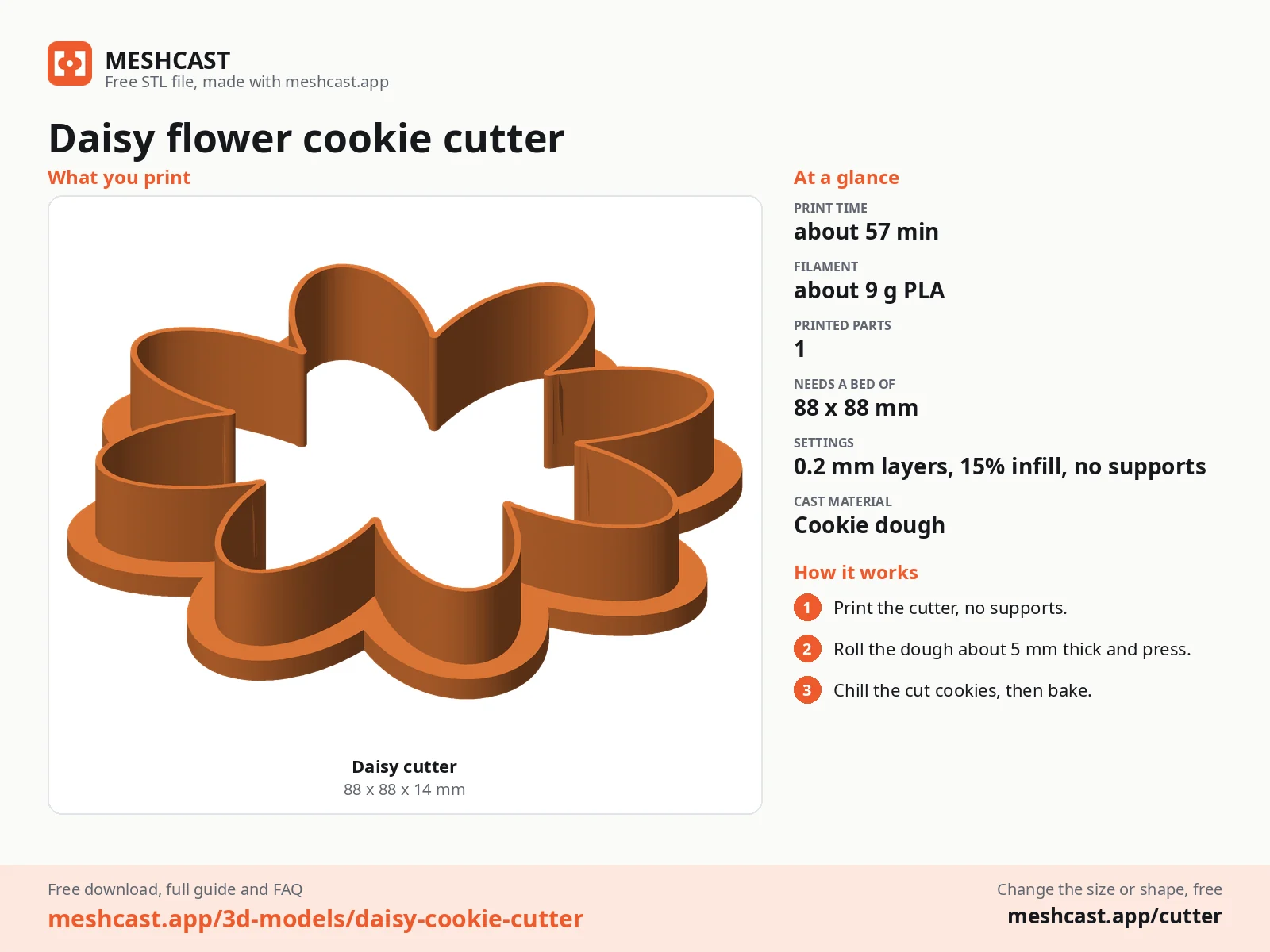 Daisy flower cookie cutter at a glance: every printed part with its size, print time, filament, print settings and the three steps to use it