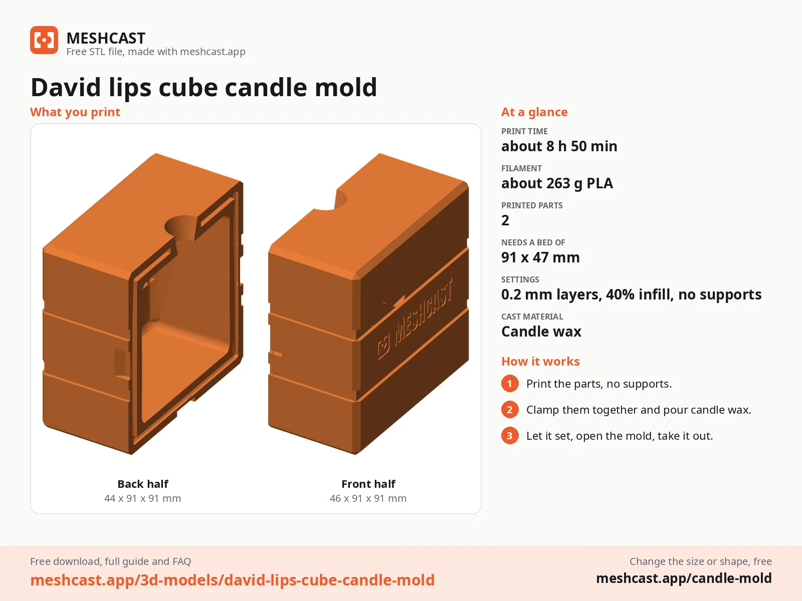 David lips cube candle mold at a glance: every printed part with its size, print time, filament, print settings and the three steps to use it