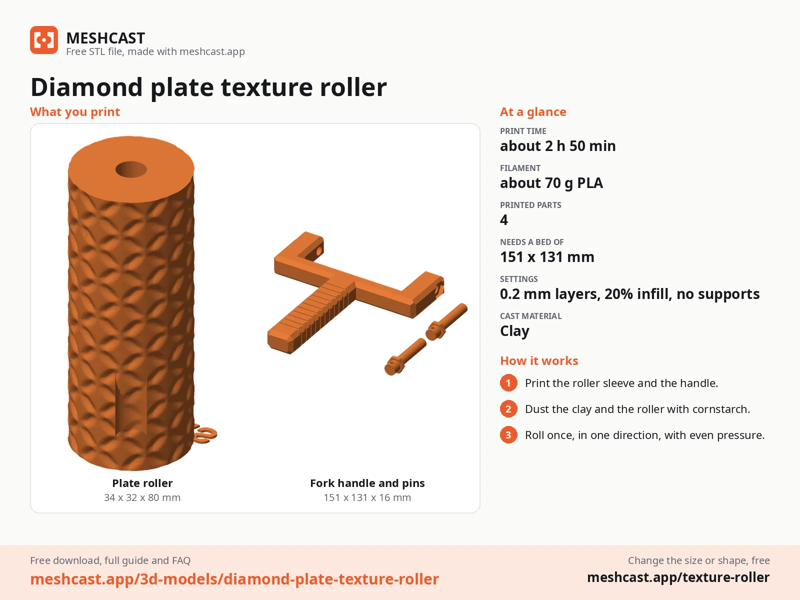 Diamond plate texture roller at a glance: every printed part with its size, print time, filament, print settings and the three steps to use it