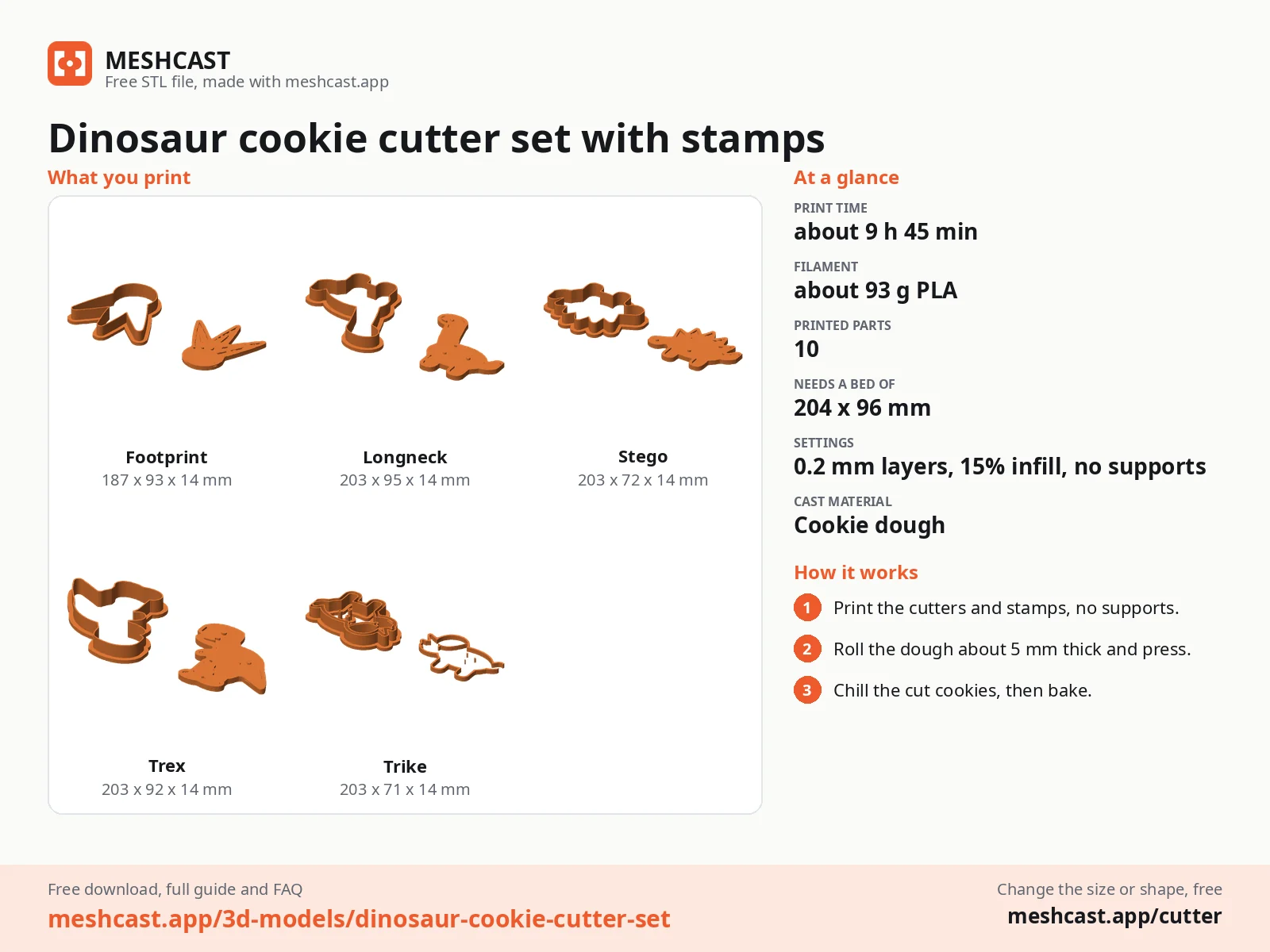 Dinosaur cookie cutter set with stamps at a glance: every printed part with its size, print time, filament, print settings and the three steps to use it