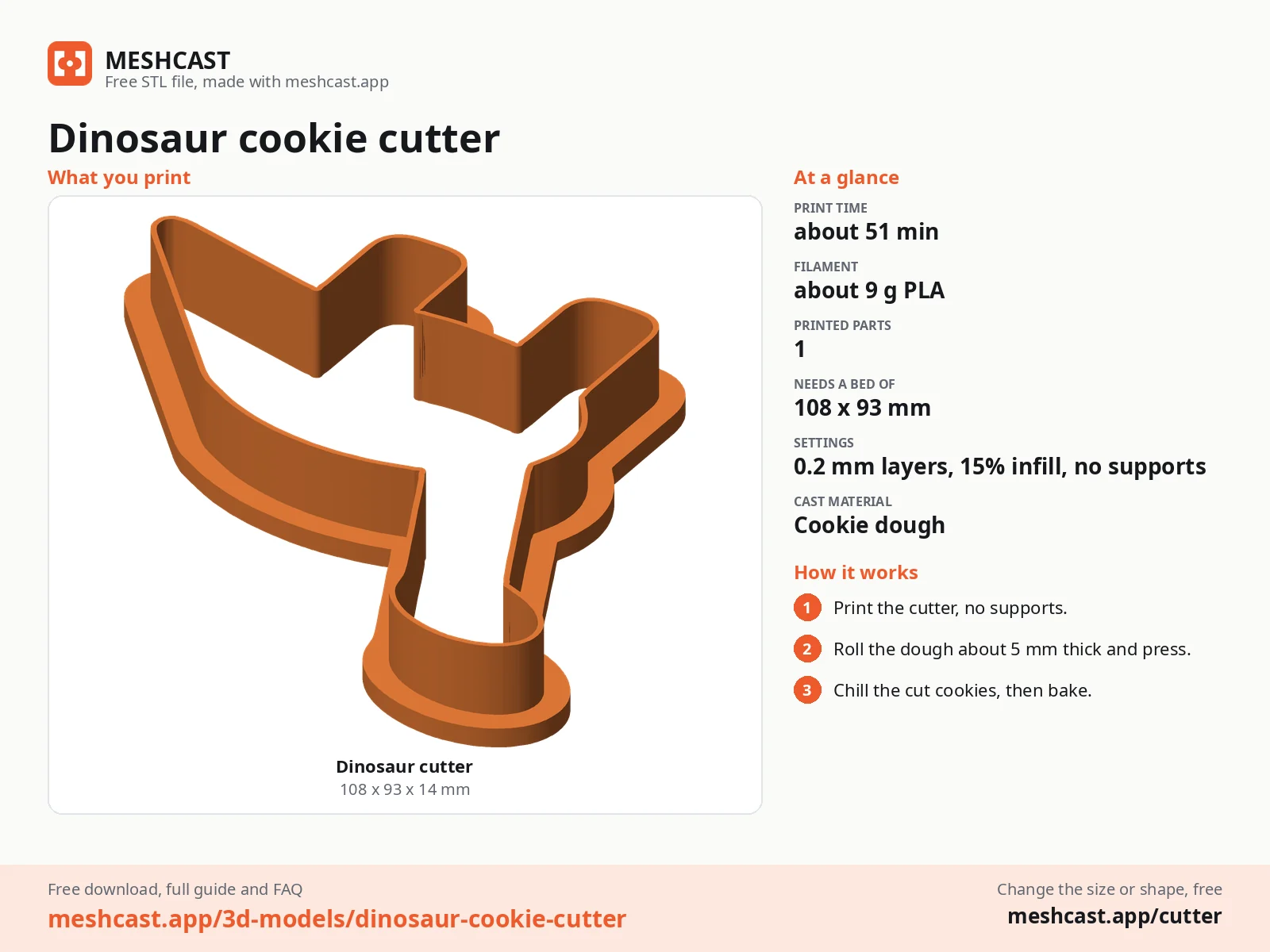 Dinosaur cookie cutter at a glance: every printed part with its size, print time, filament, print settings and the three steps to use it