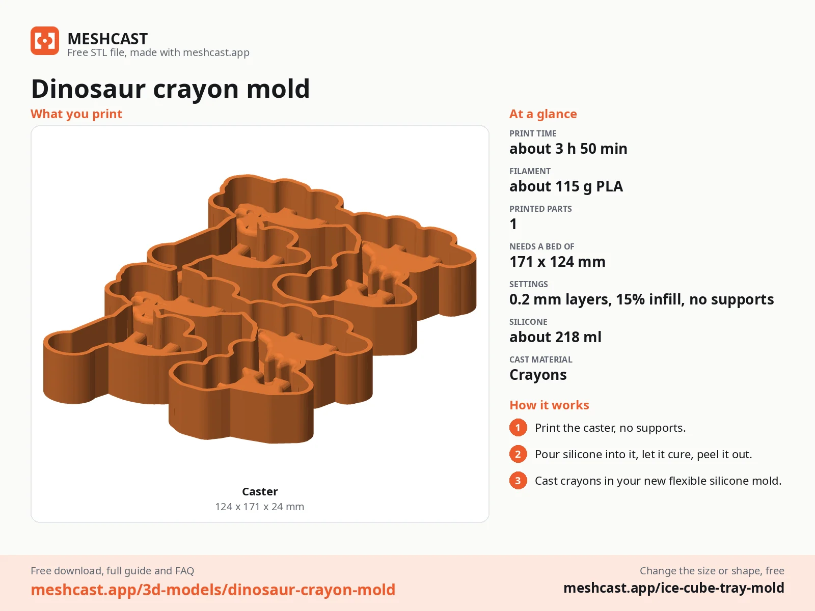 Dinosaur crayon mold at a glance: every printed part with its size, print time, filament, print settings and the three steps to use it