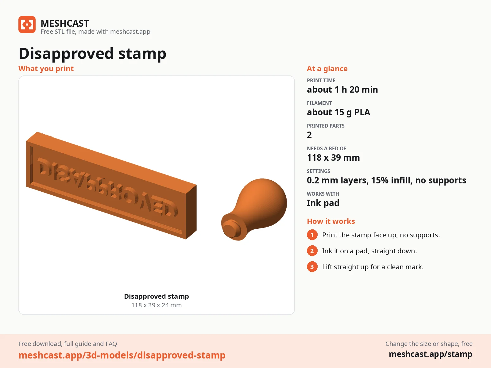 Disapproved stamp at a glance: every printed part with its size, print time, filament, print settings and the three steps to use it
