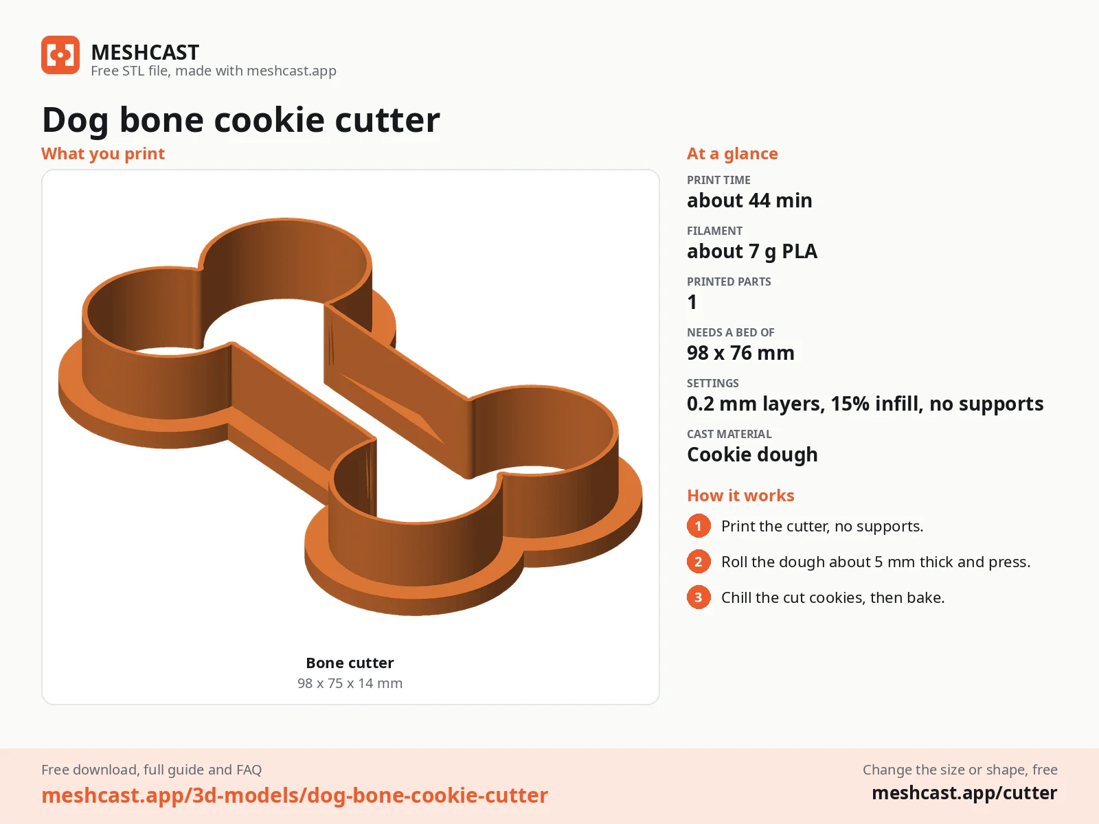 Dog bone cookie cutter at a glance: every printed part with its size, print time, filament, print settings and the three steps to use it