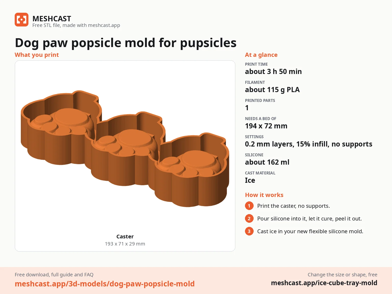 Dog paw popsicle mold for pupsicles at a glance: every printed part with its size, print time, filament, print settings and the three steps to use it