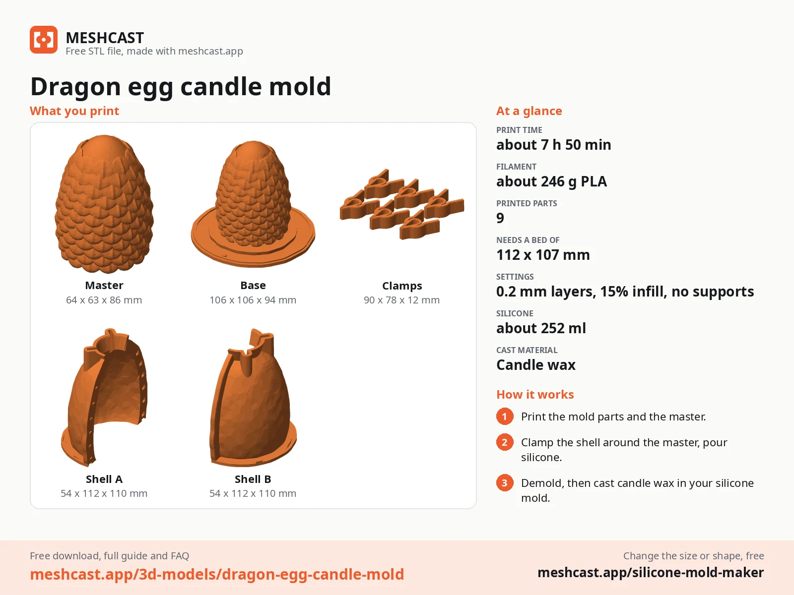 Dragon egg candle mold at a glance: every printed part with its size, print time, filament, print settings and the three steps to use it