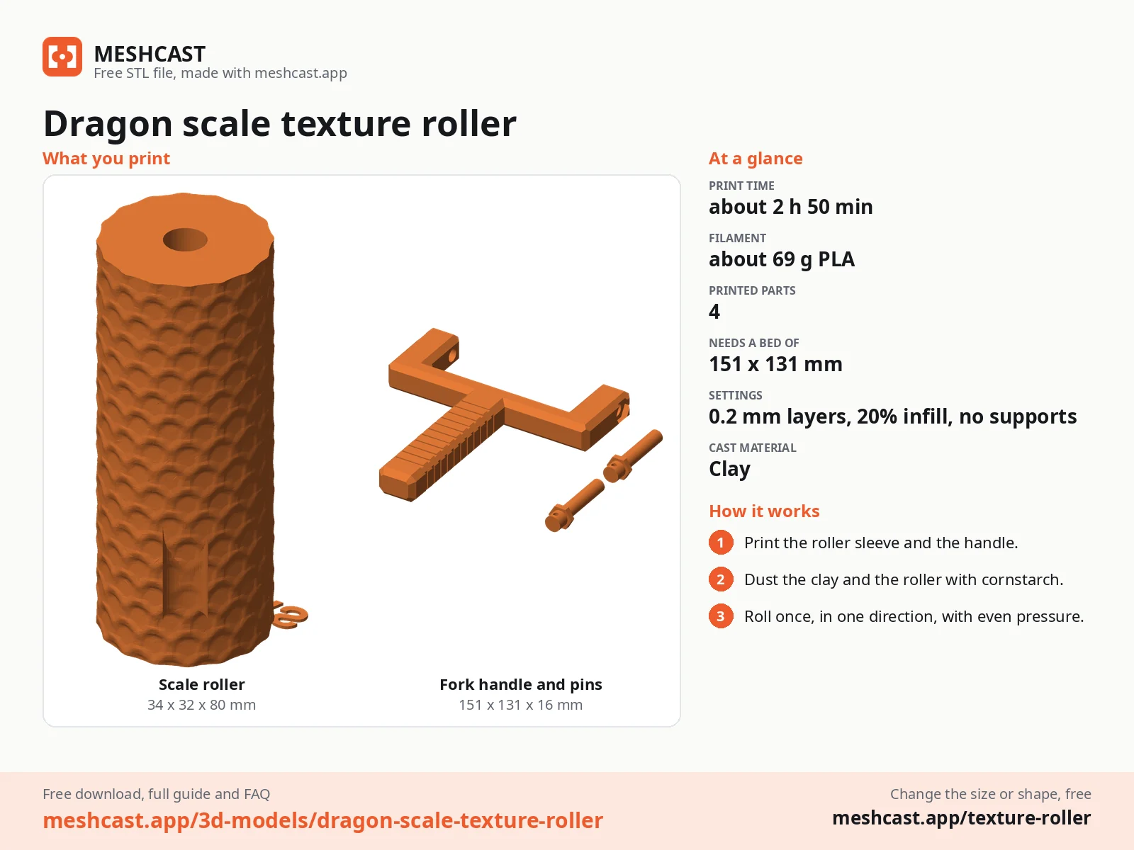 Dragon scale texture roller at a glance: every printed part with its size, print time, filament, print settings and the three steps to use it