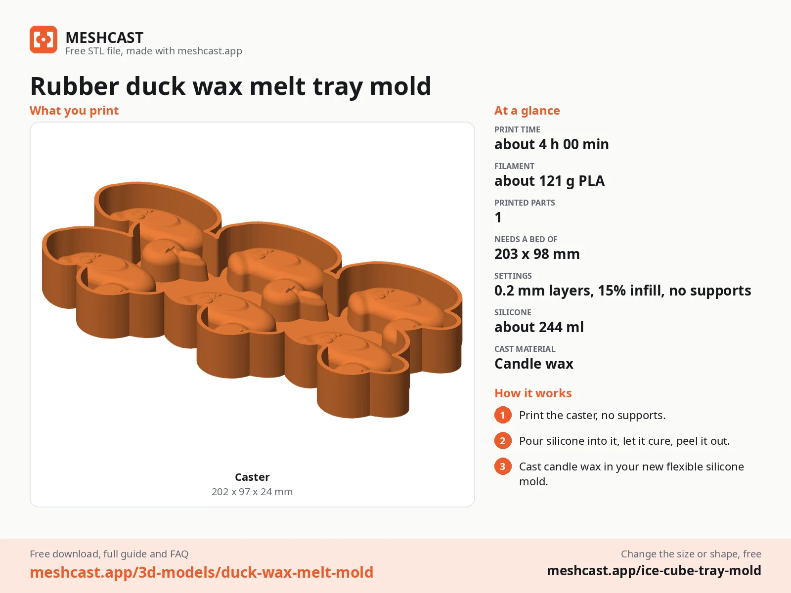 Rubber duck wax melt tray mold at a glance: every printed part with its size, print time, filament, print settings and the three steps to use it