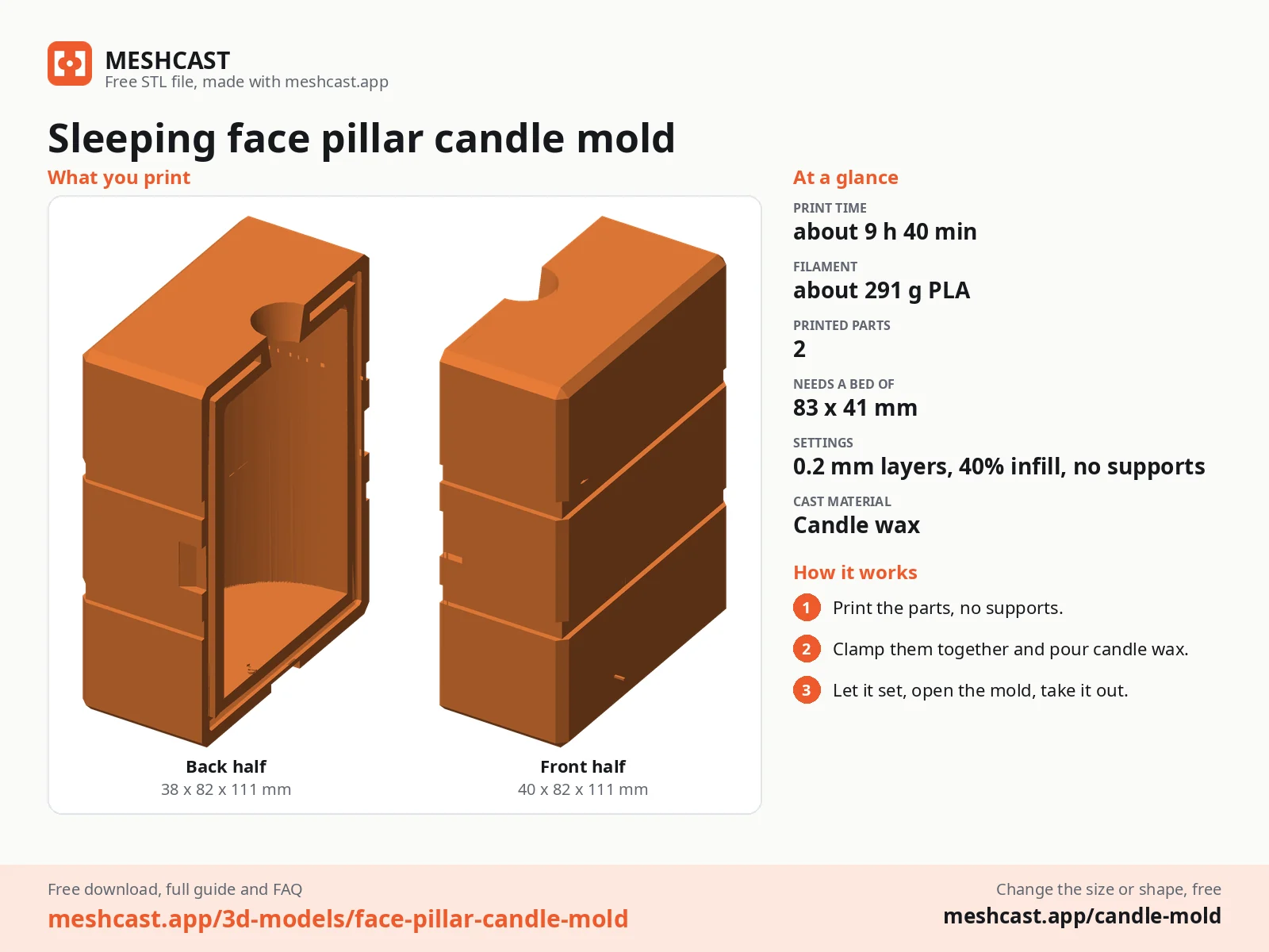 Sleeping face pillar candle mold at a glance: every printed part with its size, print time, filament, print settings and the three steps to use it