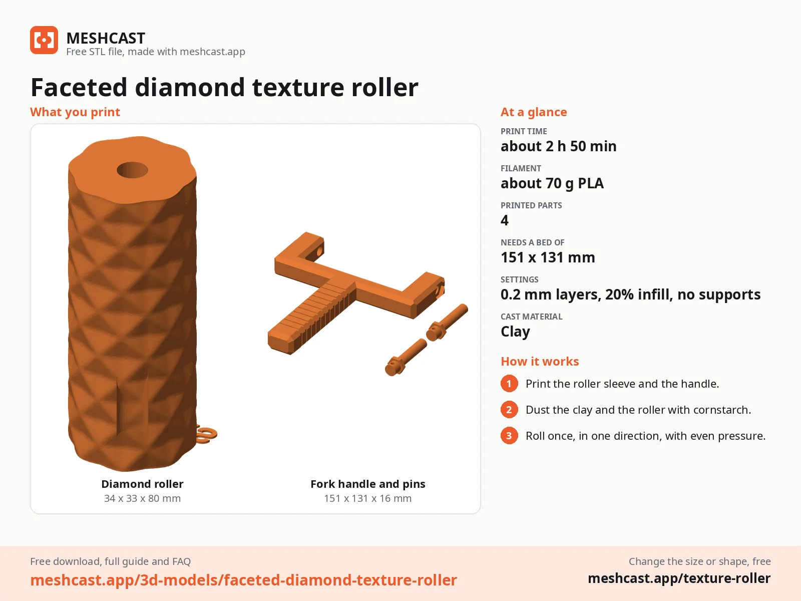 Faceted diamond texture roller at a glance: every printed part with its size, print time, filament, print settings and the three steps to use it