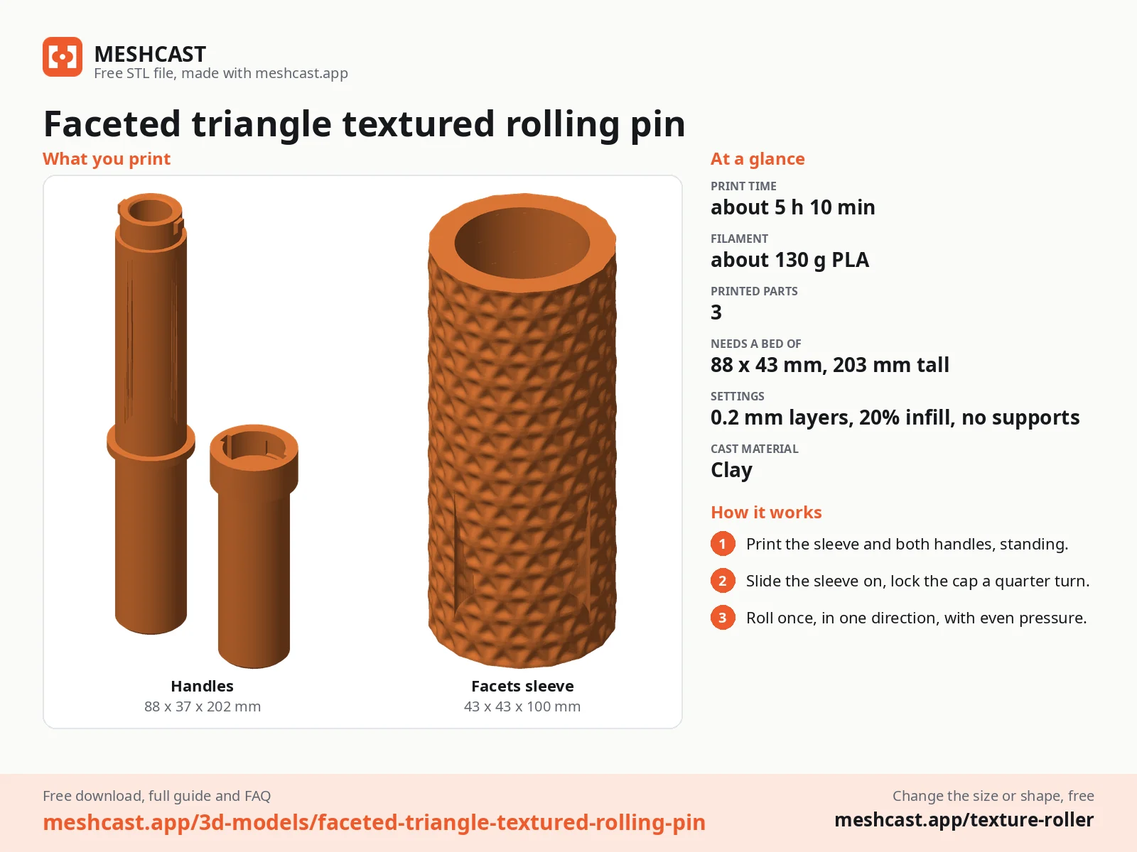Faceted triangle textured rolling pin at a glance: every printed part with its size, print time, filament, print settings and the three steps to use it