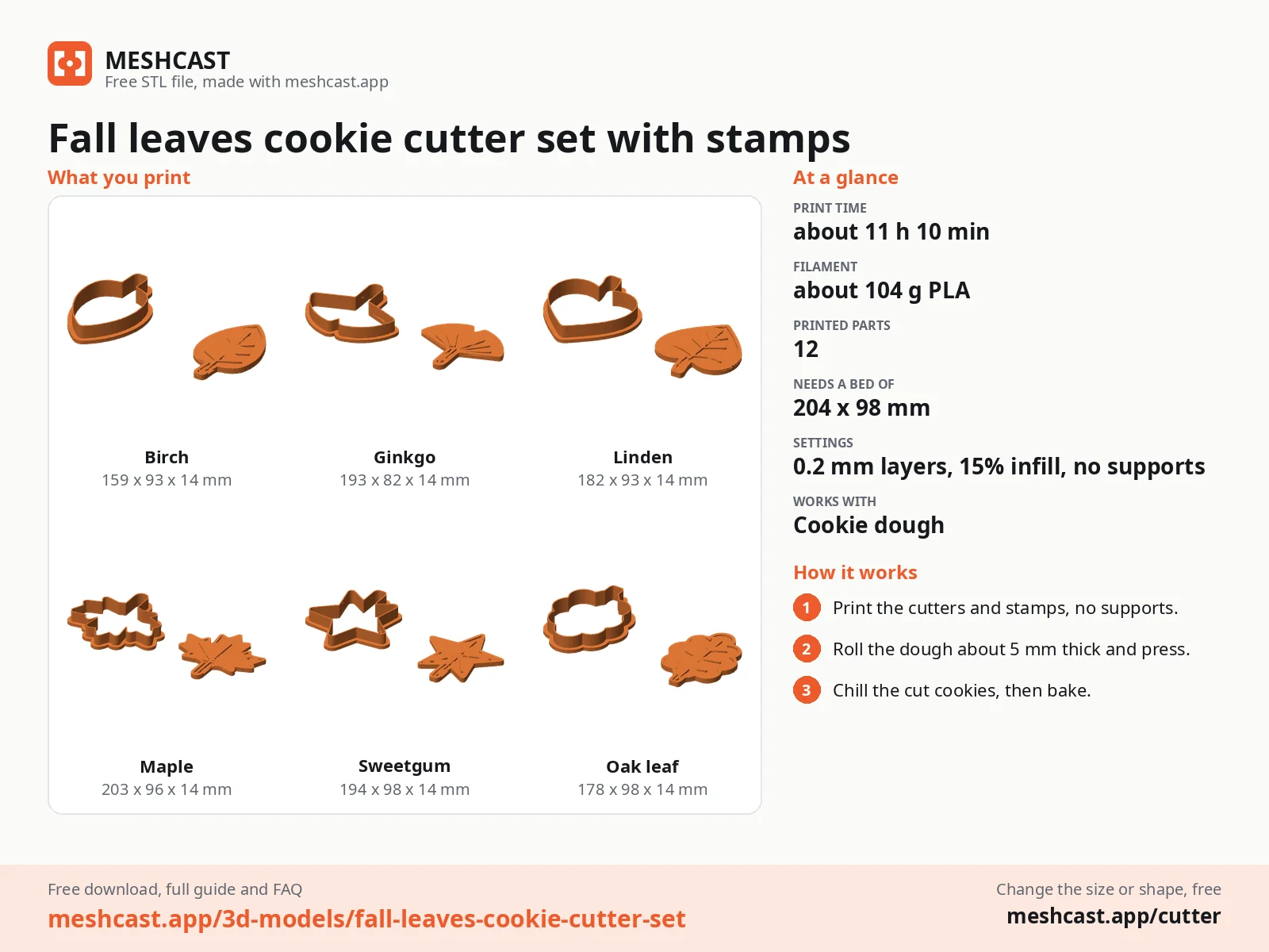 Fall leaves cookie cutter set with stamps at a glance: every printed part with its size, print time, filament, print settings and the three steps to use it