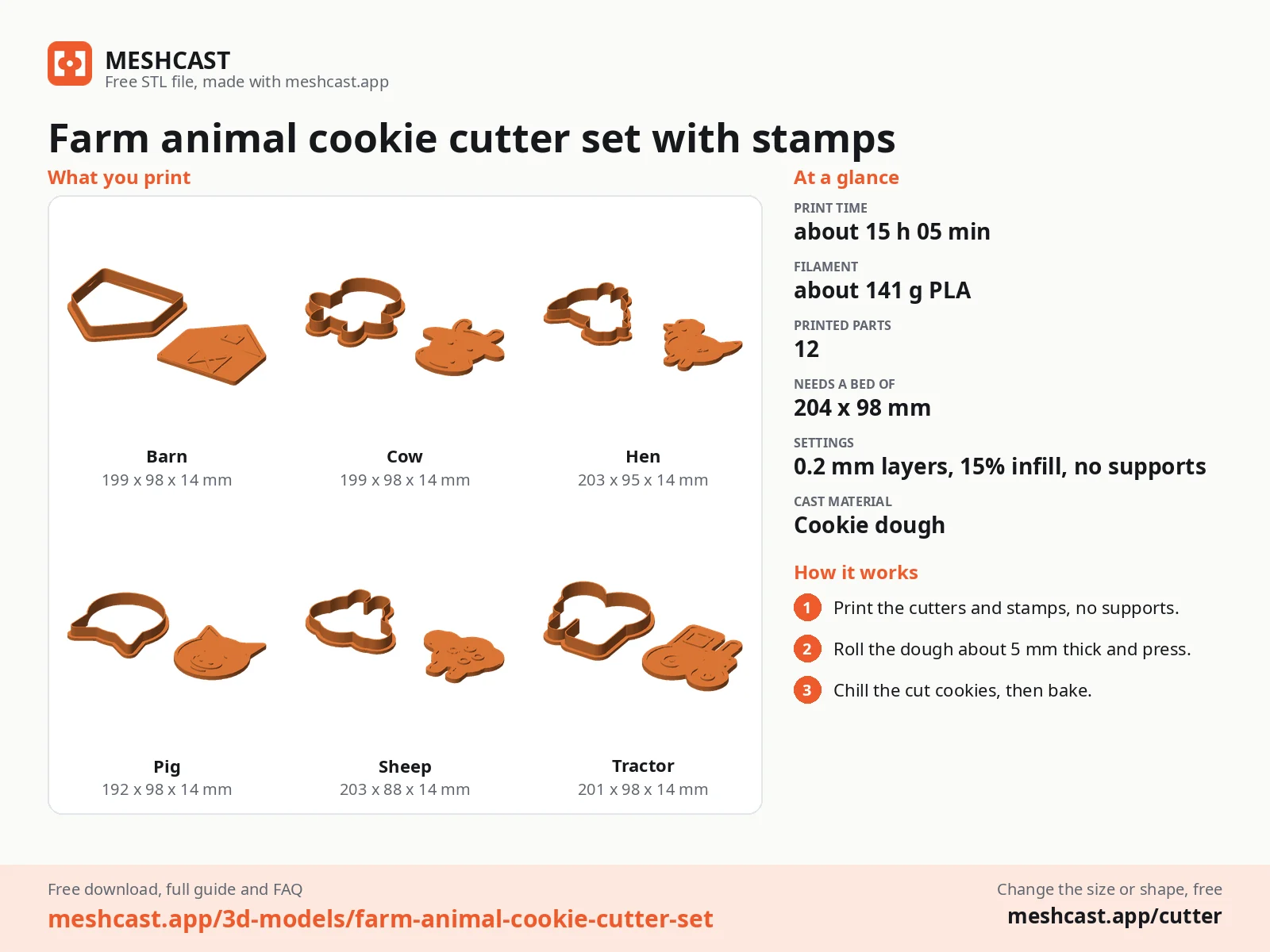 Farm animal cookie cutter set with stamps at a glance: every printed part with its size, print time, filament, print settings and the three steps to use it