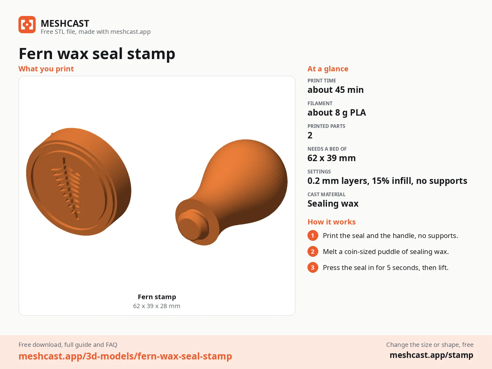 Fern wax seal stamp at a glance: every printed part with its size, print time, filament, print settings and the three steps to use it