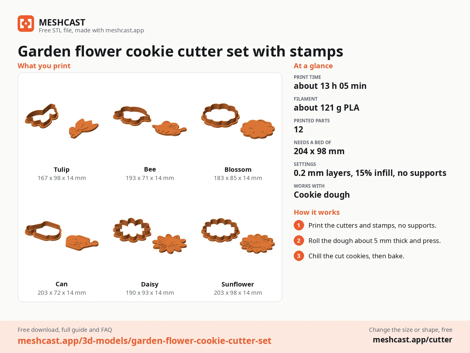 Garden flower cookie cutter set with stamps at a glance: every printed part with its size, print time, filament, print settings and the three steps to use it