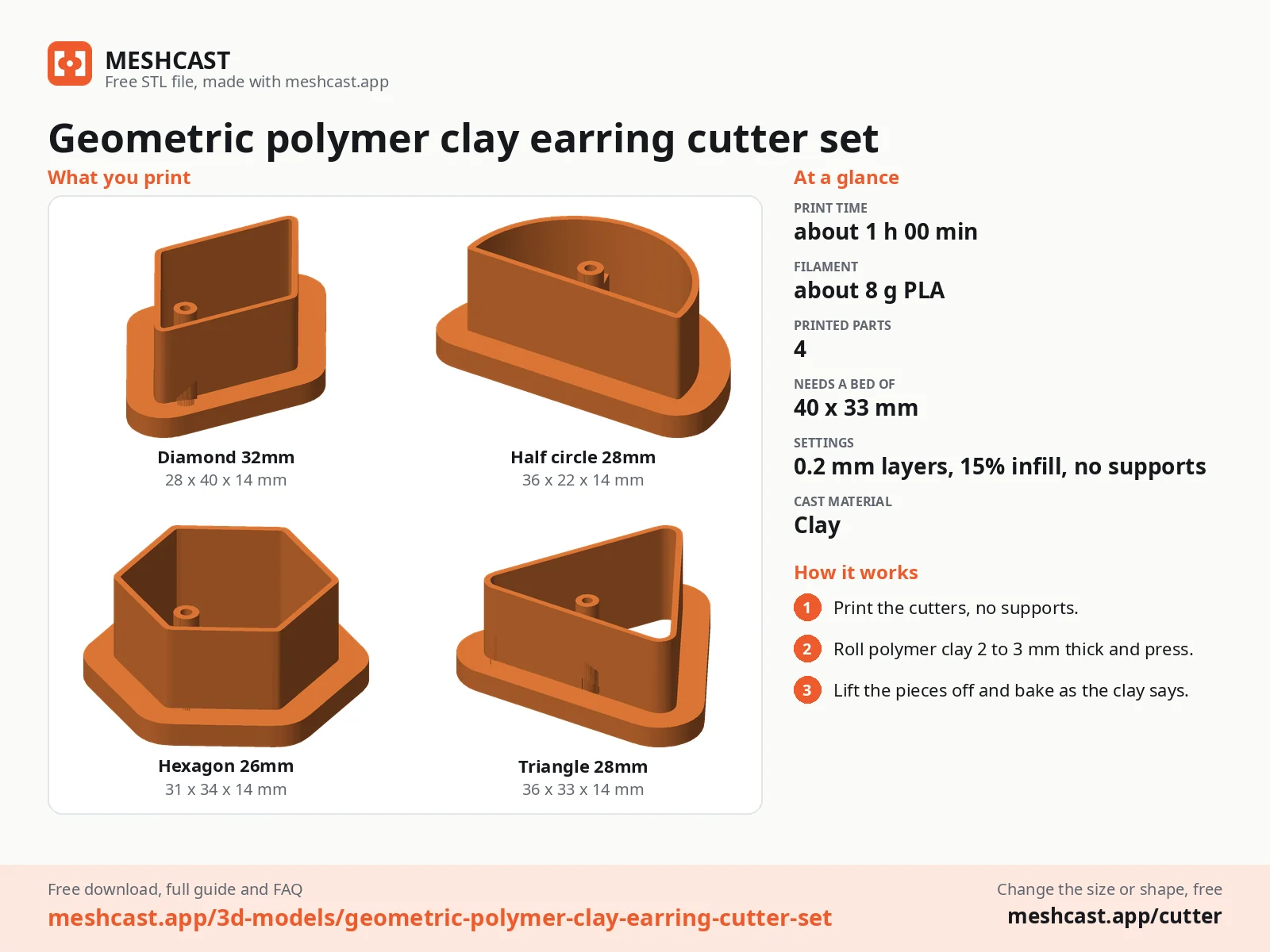 Geometric polymer clay earring cutter set at a glance: every printed part with its size, print time, filament, print settings and the three steps to use it