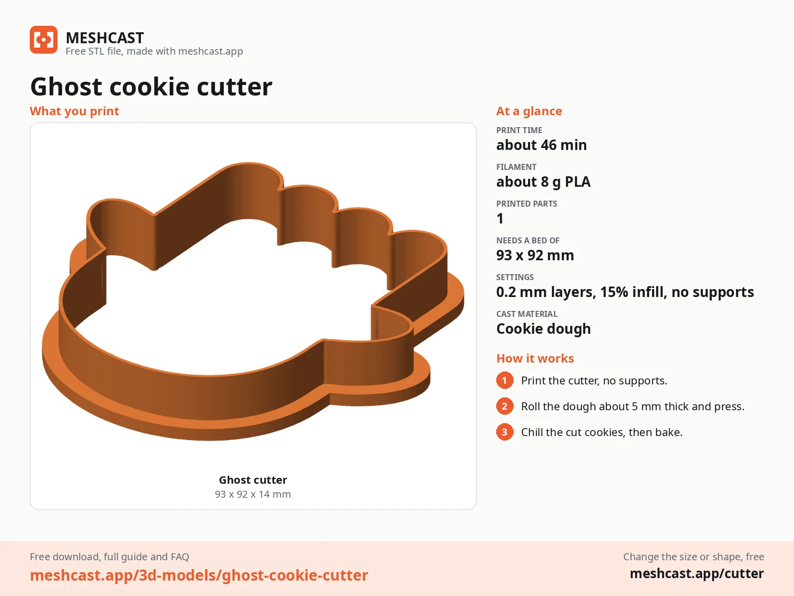 Ghost cookie cutter at a glance: every printed part with its size, print time, filament, print settings and the three steps to use it