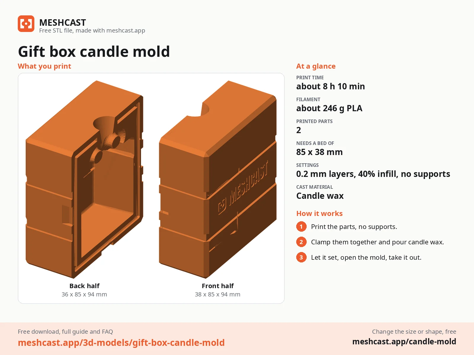 Gift box candle mold at a glance: every printed part with its size, print time, filament, print settings and the three steps to use it
