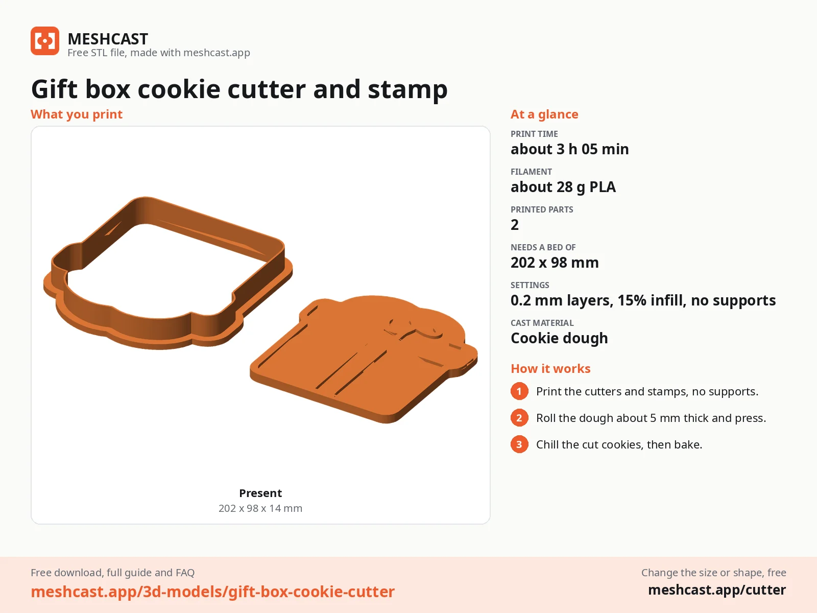 Gift box cookie cutter and stamp at a glance: every printed part with its size, print time, filament, print settings and the three steps to use it