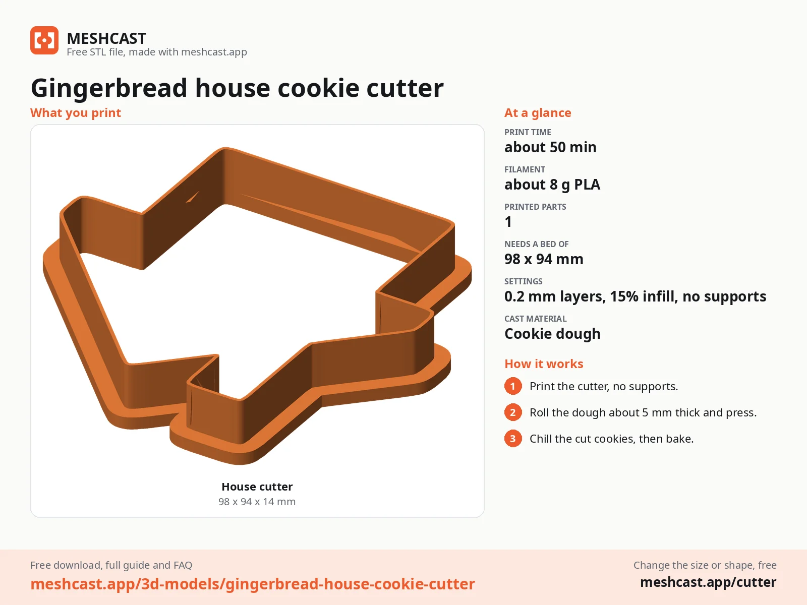 Gingerbread house cookie cutter at a glance: every printed part with its size, print time, filament, print settings and the three steps to use it