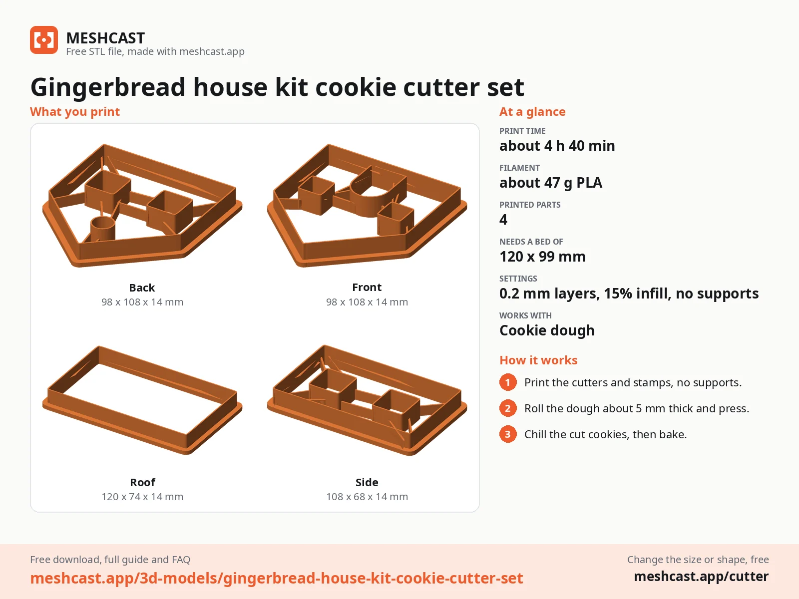 Gingerbread house kit cookie cutter set at a glance: every printed part with its size, print time, filament, print settings and the three steps to use it