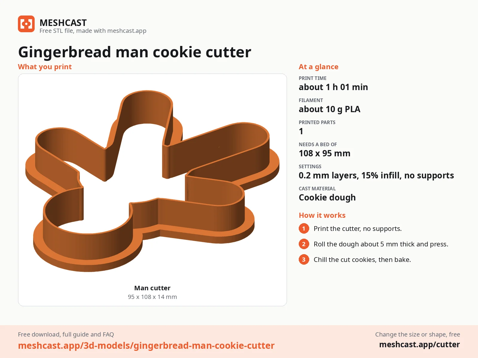 Gingerbread man cookie cutter at a glance: every printed part with its size, print time, filament, print settings and the three steps to use it