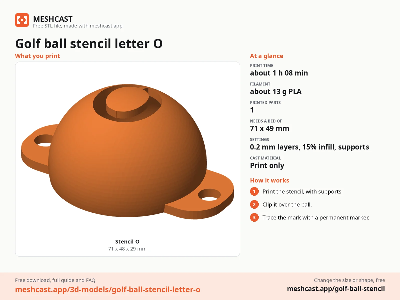 Golf ball stencil letter O at a glance: every printed part with its size, print time, filament, print settings and the three steps to use it