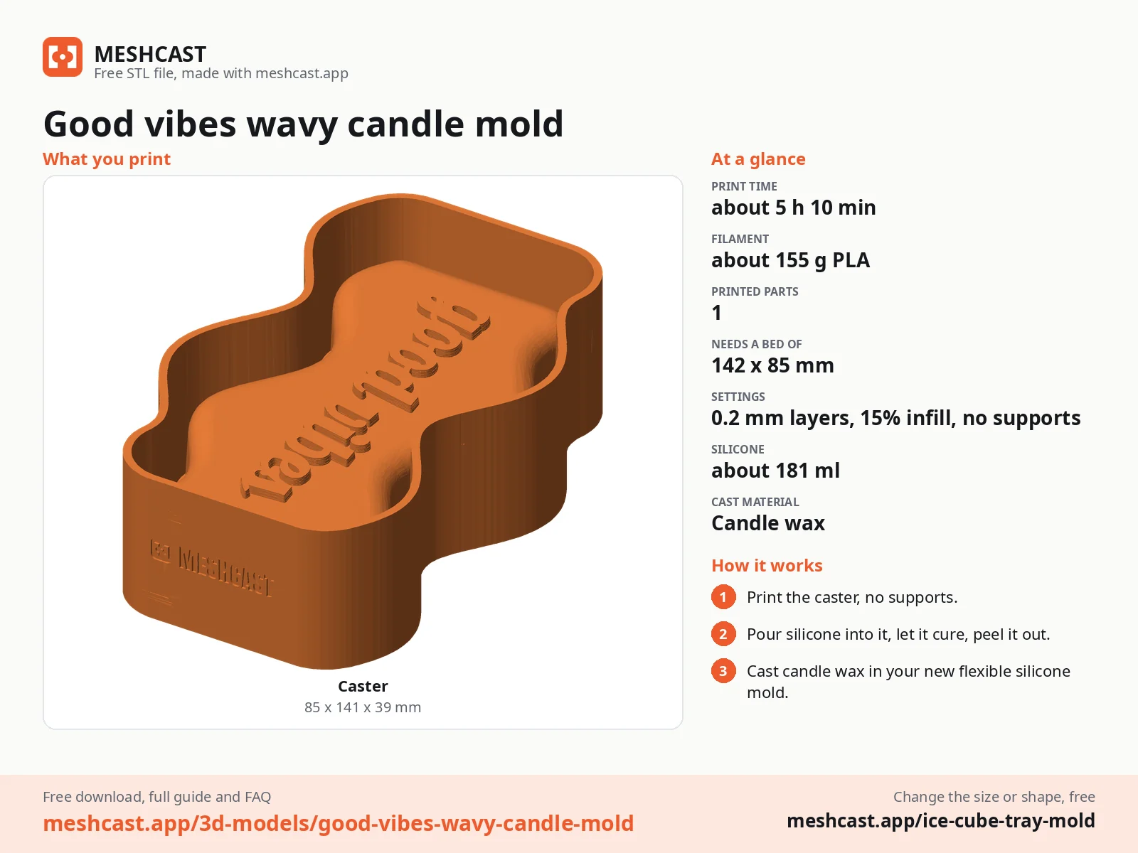 Good vibes wavy candle mold at a glance: every printed part with its size, print time, filament, print settings and the three steps to use it
