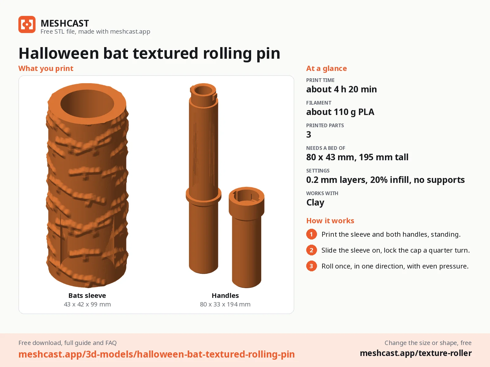 Halloween bat textured rolling pin at a glance: every printed part with its size, print time, filament, print settings and the three steps to use it
