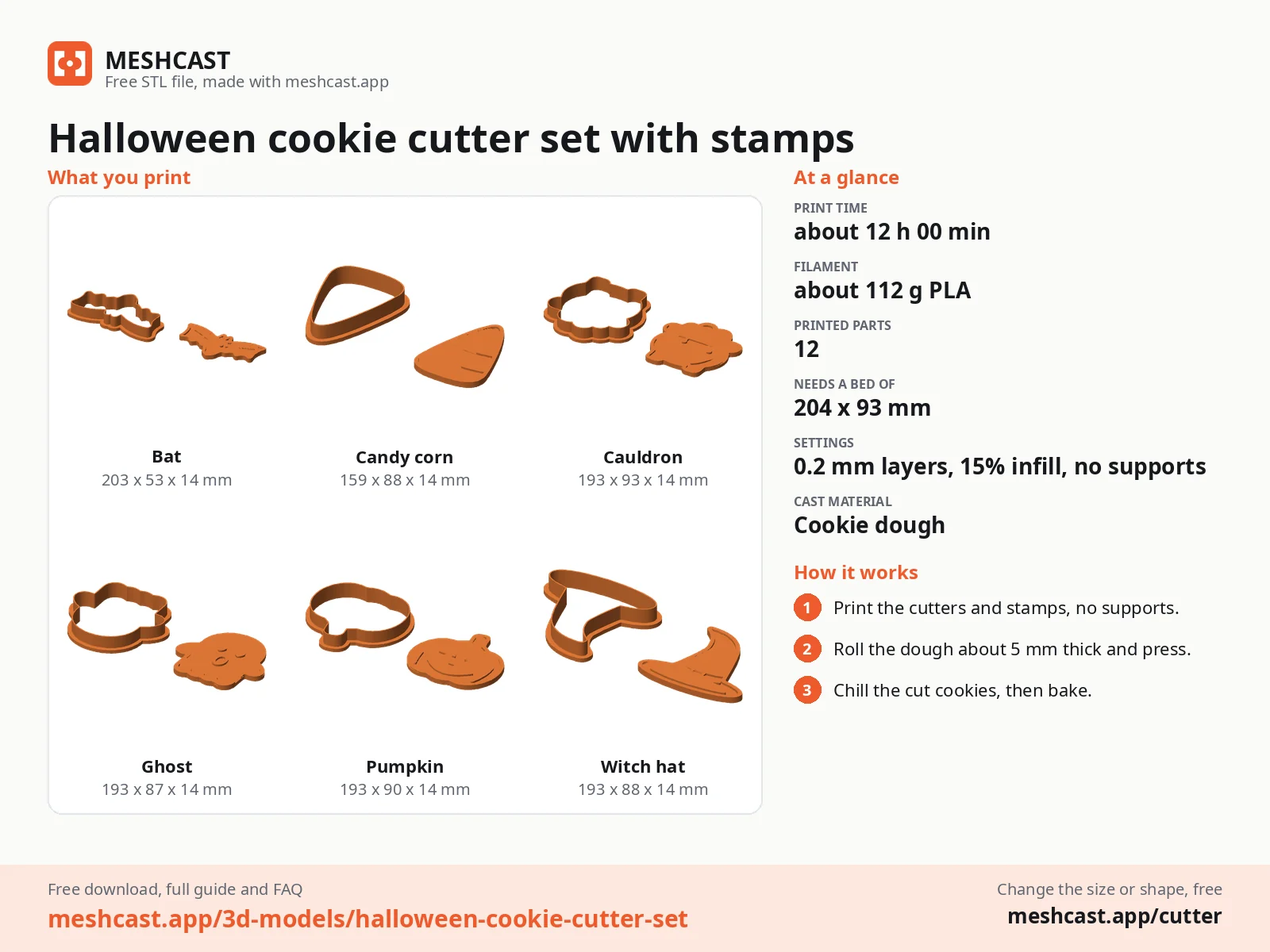 Halloween cookie cutter set with stamps at a glance: every printed part with its size, print time, filament, print settings and the three steps to use it