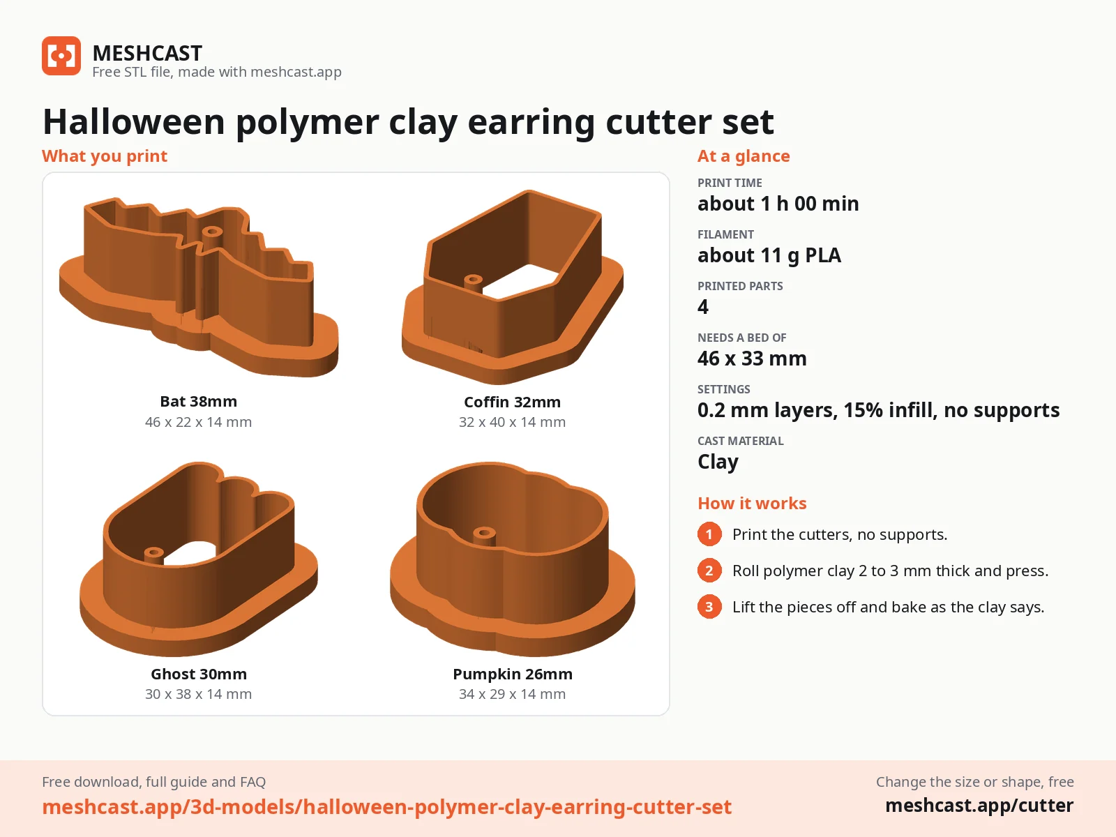 Halloween polymer clay earring cutter set at a glance: every printed part with its size, print time, filament, print settings and the three steps to use it
