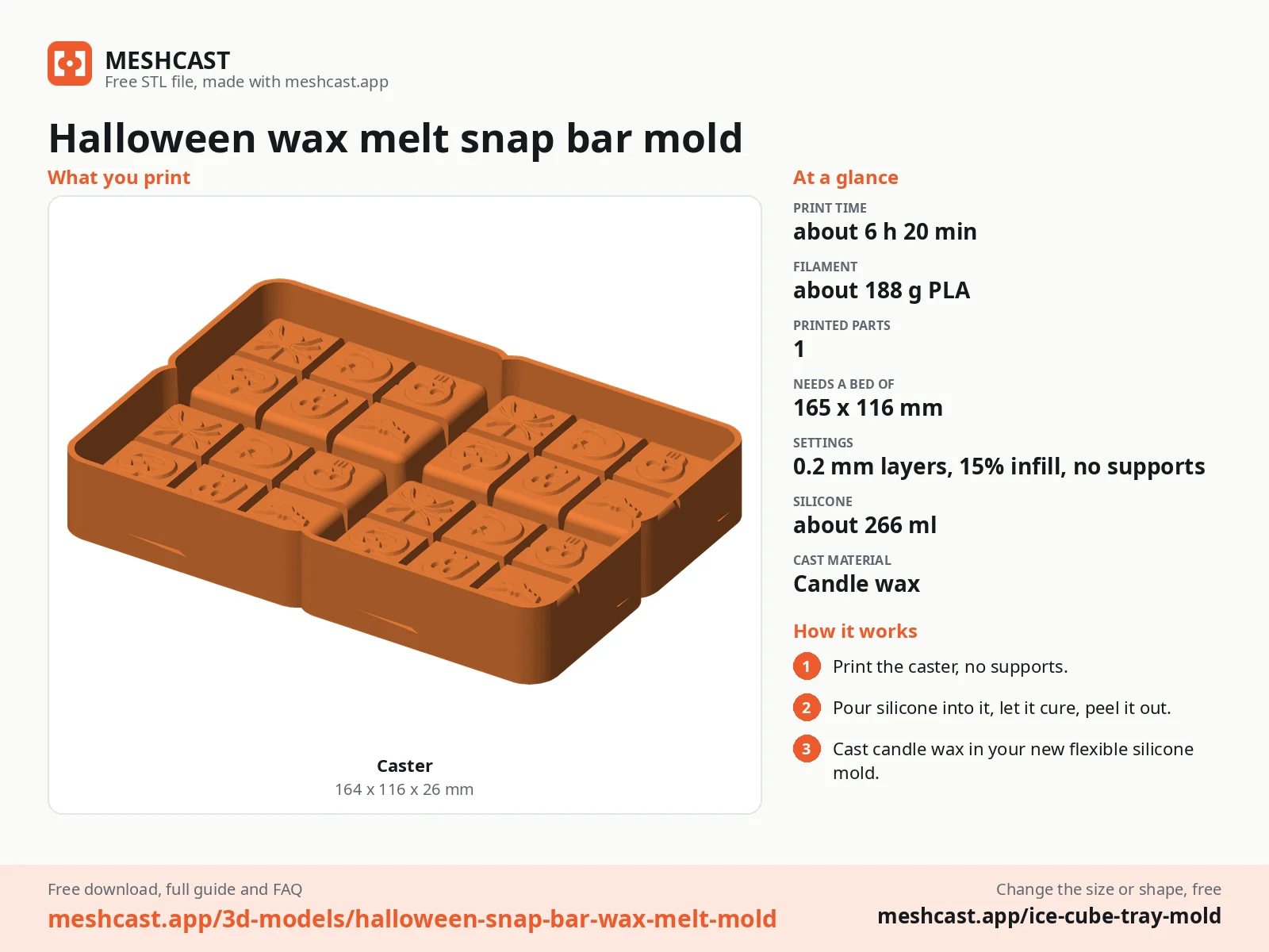 Halloween wax melt snap bar mold at a glance: every printed part with its size, print time, filament, print settings and the three steps to use it