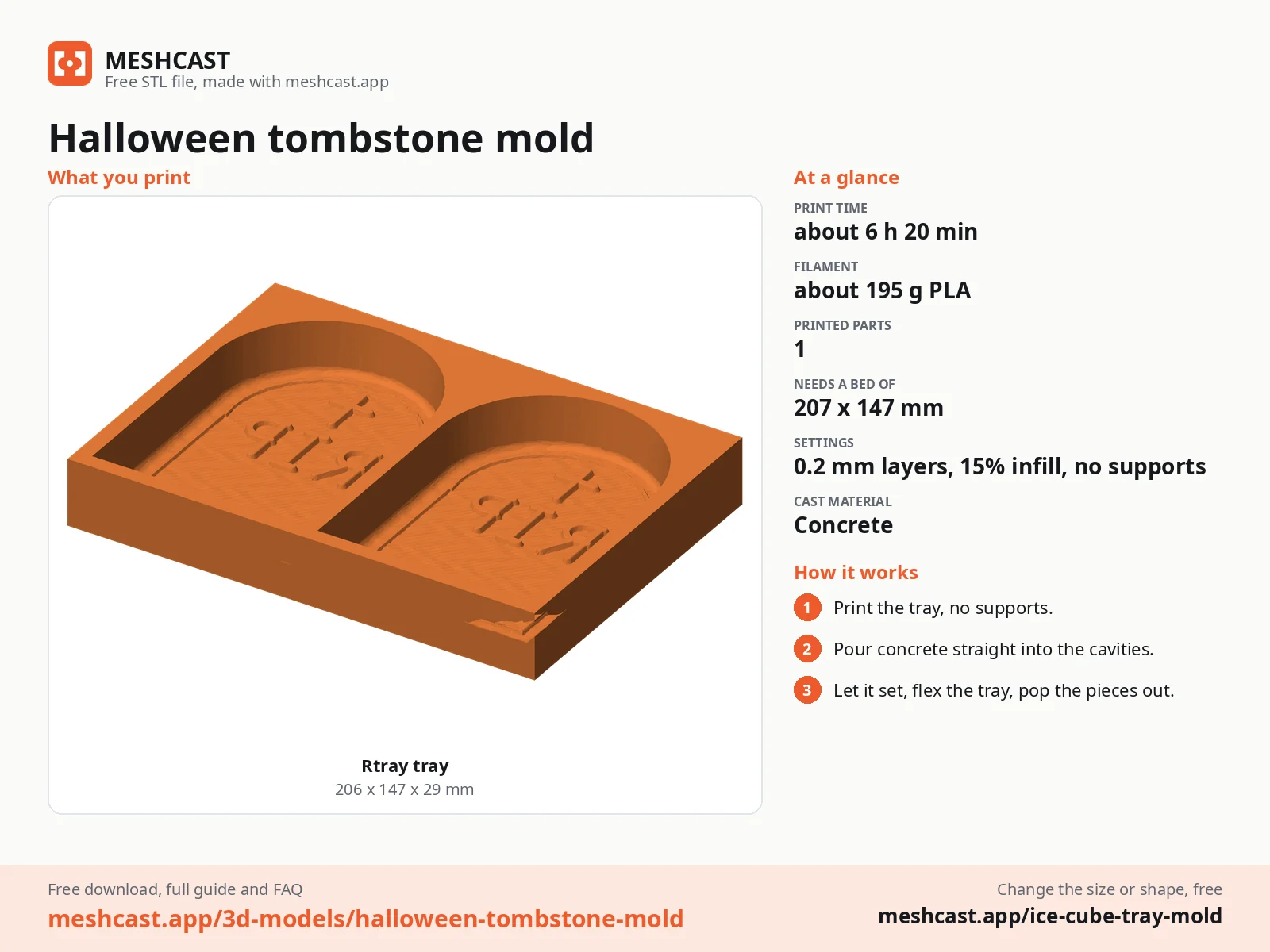 Halloween tombstone mold at a glance: every printed part with its size, print time, filament, print settings and the three steps to use it