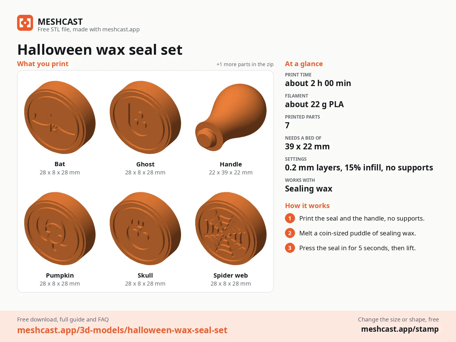 Halloween wax seal set at a glance: every printed part with its size, print time, filament, print settings and the three steps to use it