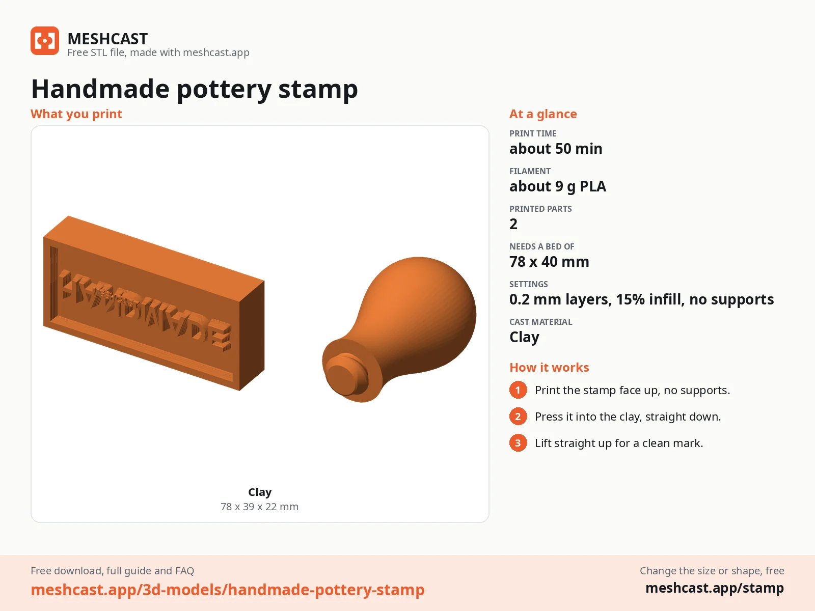 Handmade pottery stamp at a glance: every printed part with its size, print time, filament, print settings and the three steps to use it