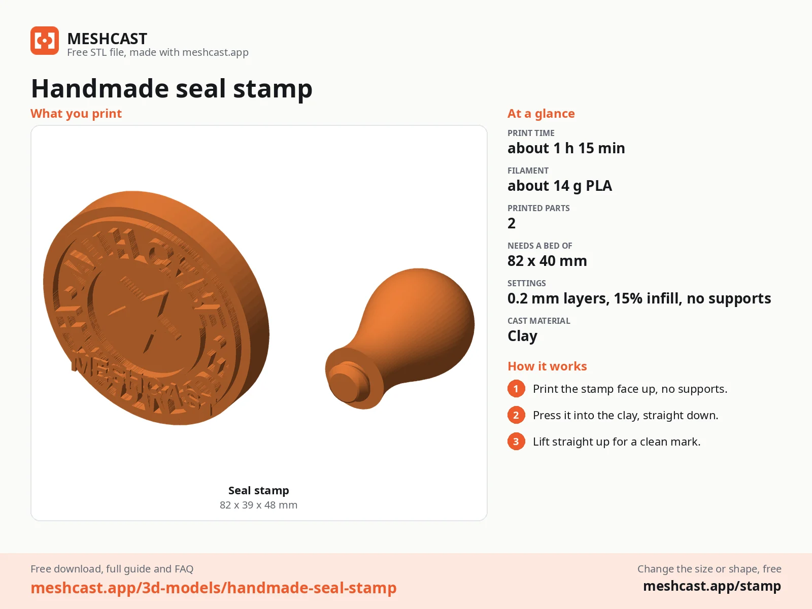 Handmade seal stamp at a glance: every printed part with its size, print time, filament, print settings and the three steps to use it